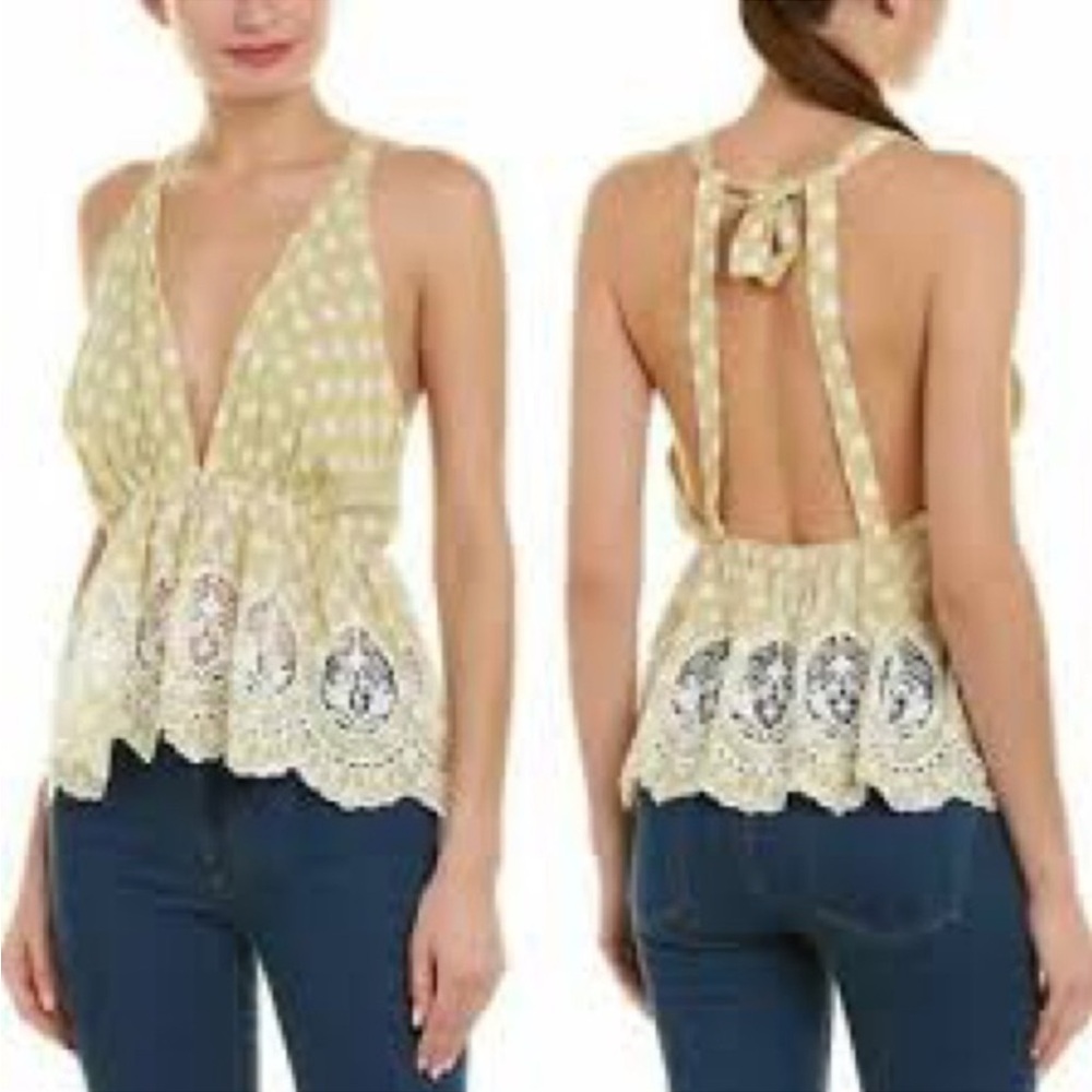 Free People Green/White Polka Dot Wild West Halter Top. Size Large.